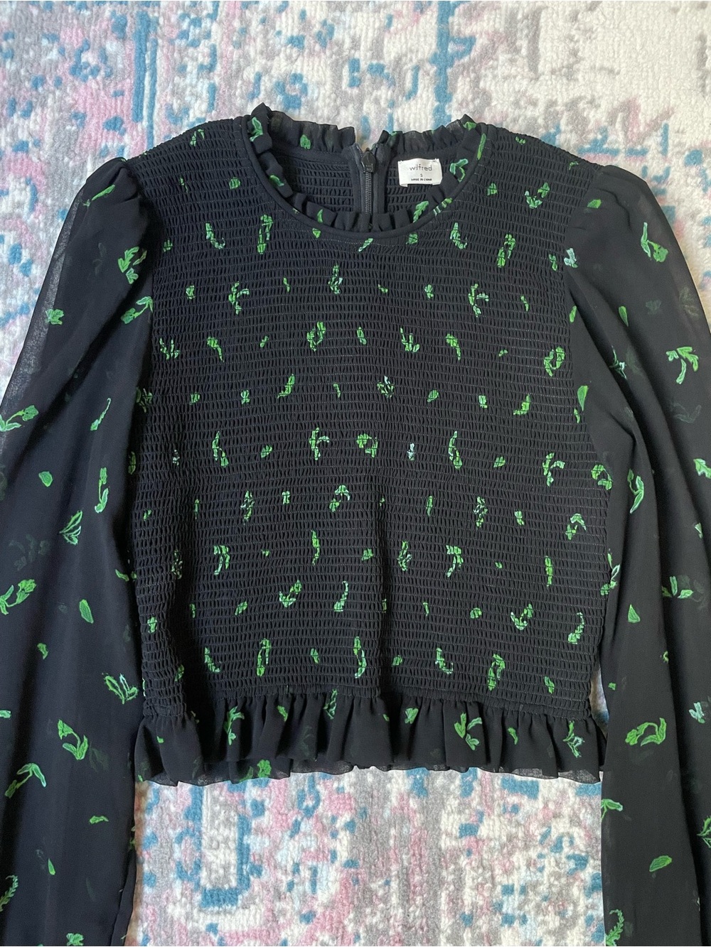 Wilfred Black Smocked Peplum Blouse with Green Floral Print